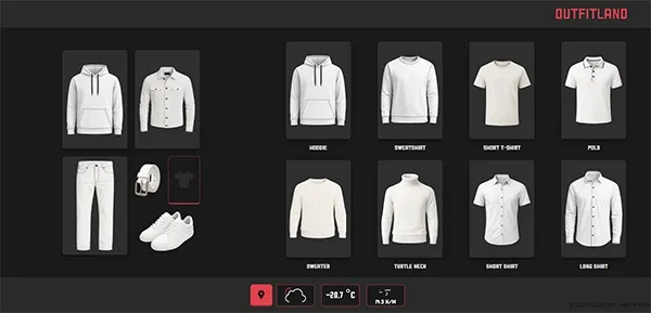 Outfitland app showing men's outfit combinations with weather-based clothing suggestions