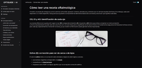 Optiguide app interface helping optical industry employees learn concepts and use sales tools